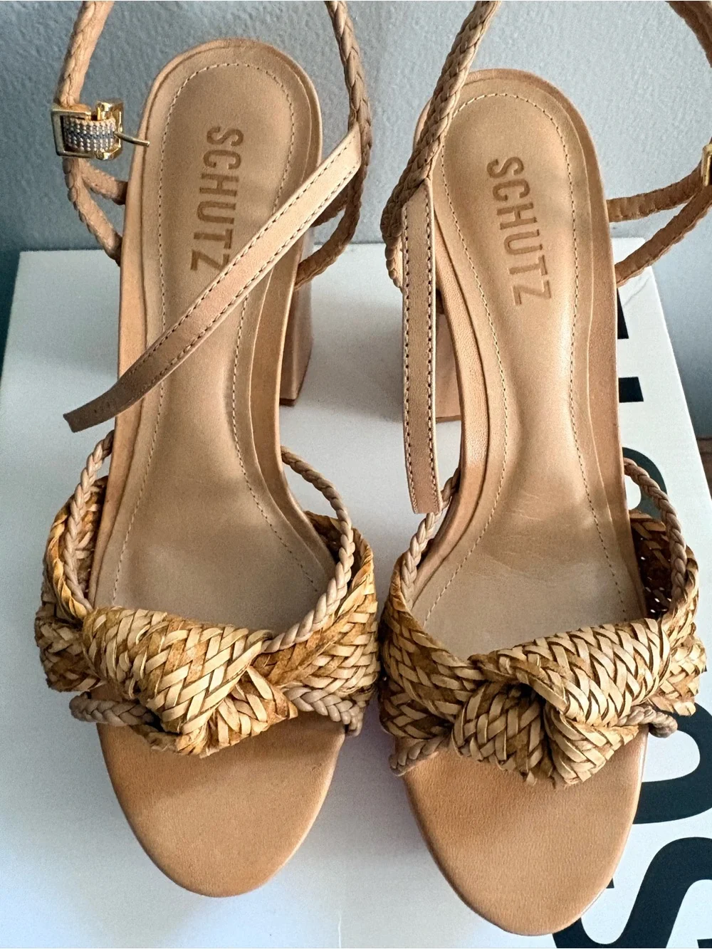 SCHUTZ Women's Tan Woven Platform Block Heel Sandals | size: 37 |  light wood
